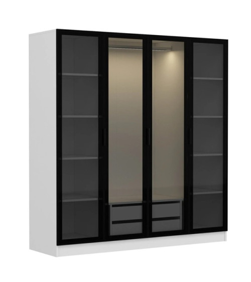 Armario con 4 puertas en cristal ahumado, blanco/negro 180 x 190 cm