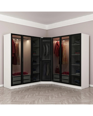Armadio ad angolo con 7 ante in vetro fumé, bianco/nero 440 x 210 cm