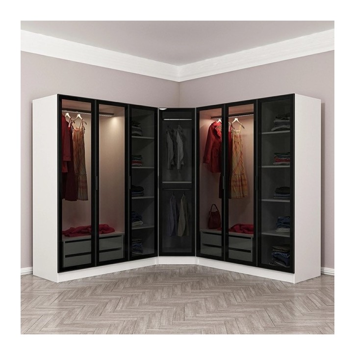 Roupeiro de canto 7 portas vidro fumado, branco/preto 440 x 210 cm Roupeiro de canto 7 portas vidro fumado, branco/preto 440 x 210 cm