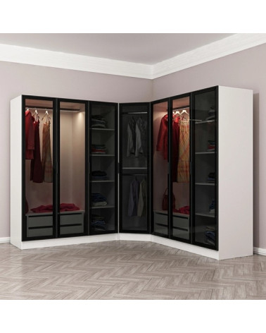 Armoire d'angle dressing blanche en V  blanc/noir 440 x 210 cm