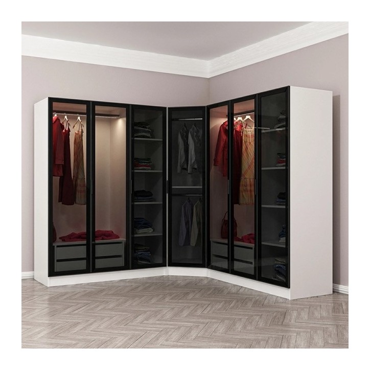 Armoire d'angle dressing blanche en V  blanc/noir 440 x 210 cm