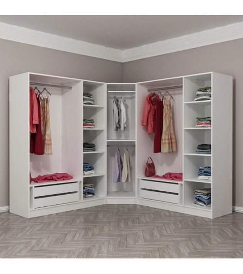 Armadio ad angolo con 7 ante in vetro fumé, bianco/nero 440 x 210 cm