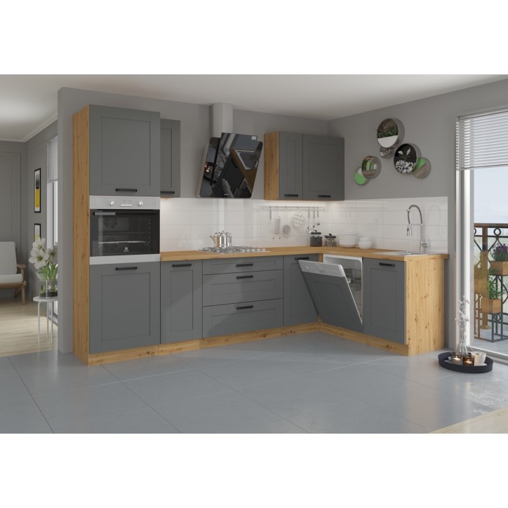 Conjunto muebles de cocina de esquina LUNA gris /roble 285x170 cm
