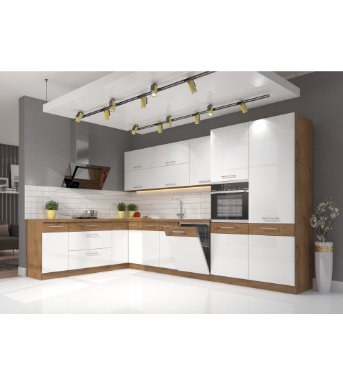 Conjunto muebles de cocina de esquina VIGO roble Lancelot/blanco brillante 210x350 cm