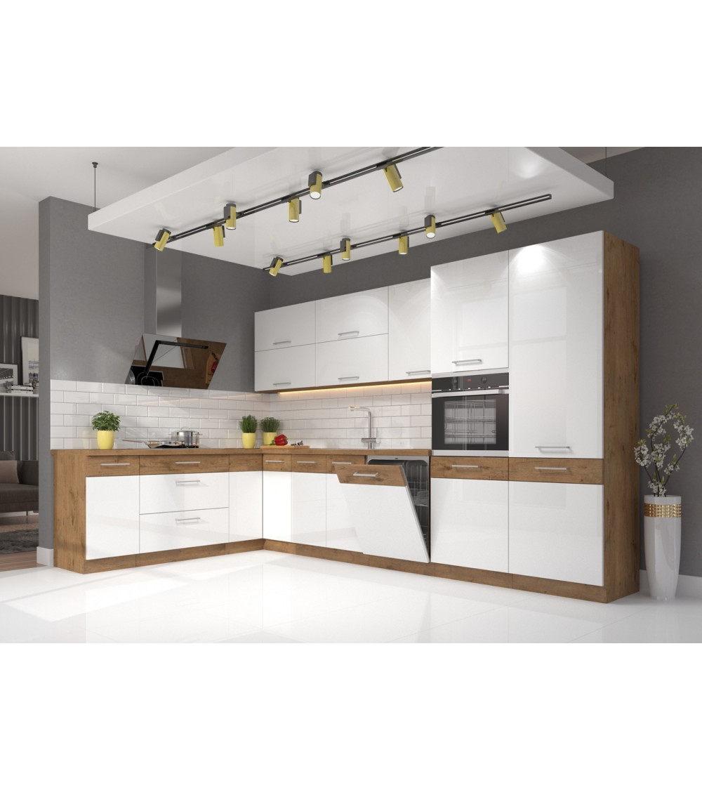 Conjunto muebles de cocina de esquina VIGO roble Lancelot/blanco brillante 210x350 cm